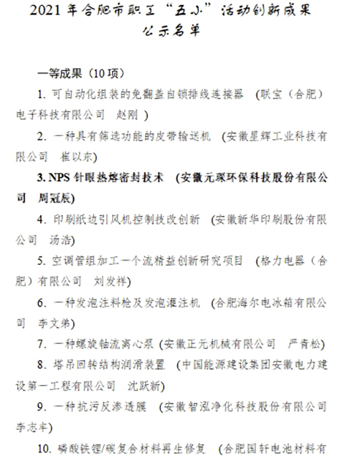 合肥市職工“五小”活動創(chuàng)新成果評選結(jié)果公示，元琛科技兩項成果入選！